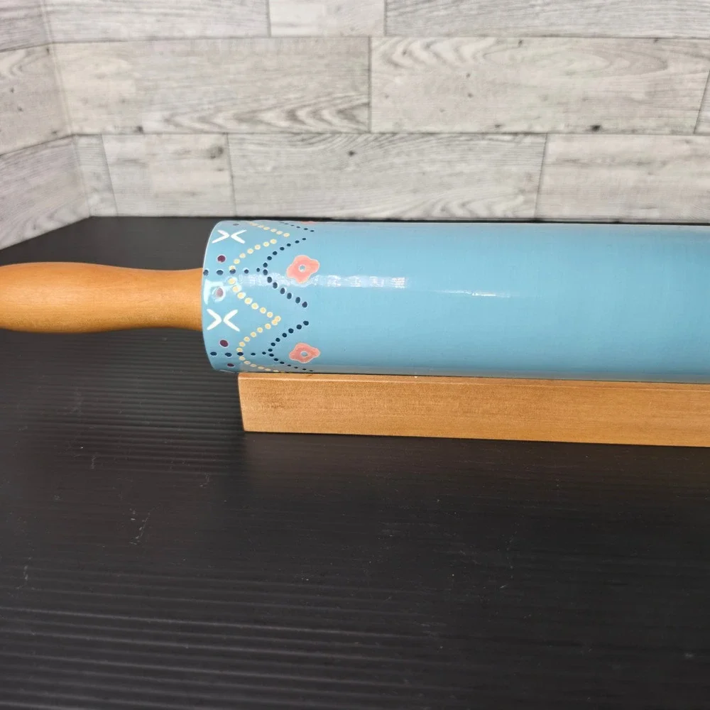The Nordic Ceramic Rolling Pin Blue Floral with Wood Handles and Base
